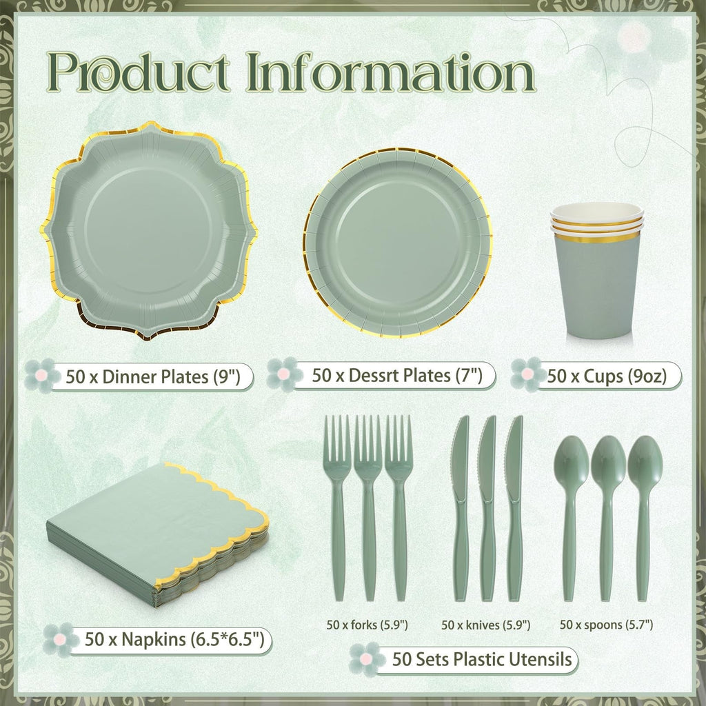 350 Pcs Sage Green and Gold Foil Plates and Napkins 50 Guest Spring Party Sup...